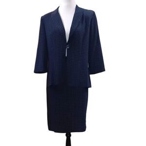 VINTAGE Dressbarn 2-Piece Skirt‎ Top Set Navy Blue Pink Dots Large Career Dressy